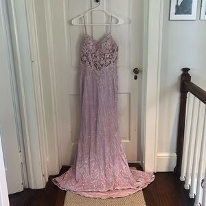 Glitter Blush Mermaid Spaghetti Straps Long Prom Dress with Beading